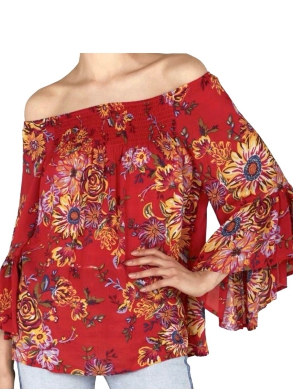 Beach Lunch Lounge Off-Shoulder Red Floral Blouse - Women Tops Size Petite Small